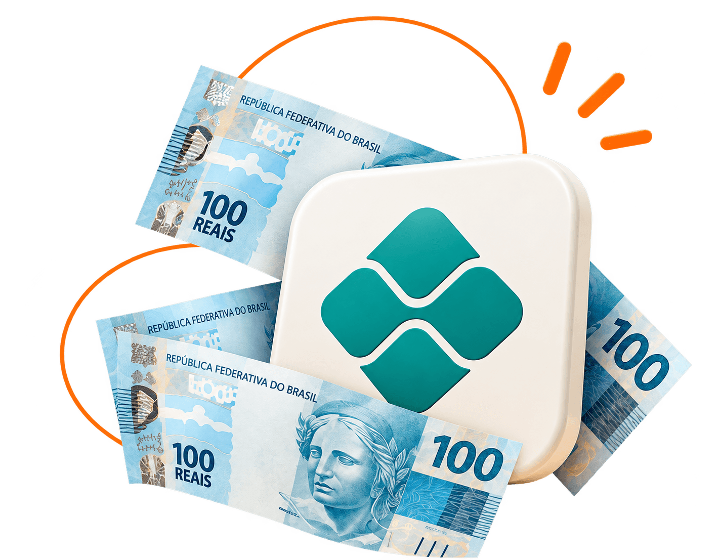 Notas de cem reais ao redor de um símbolo Pix
